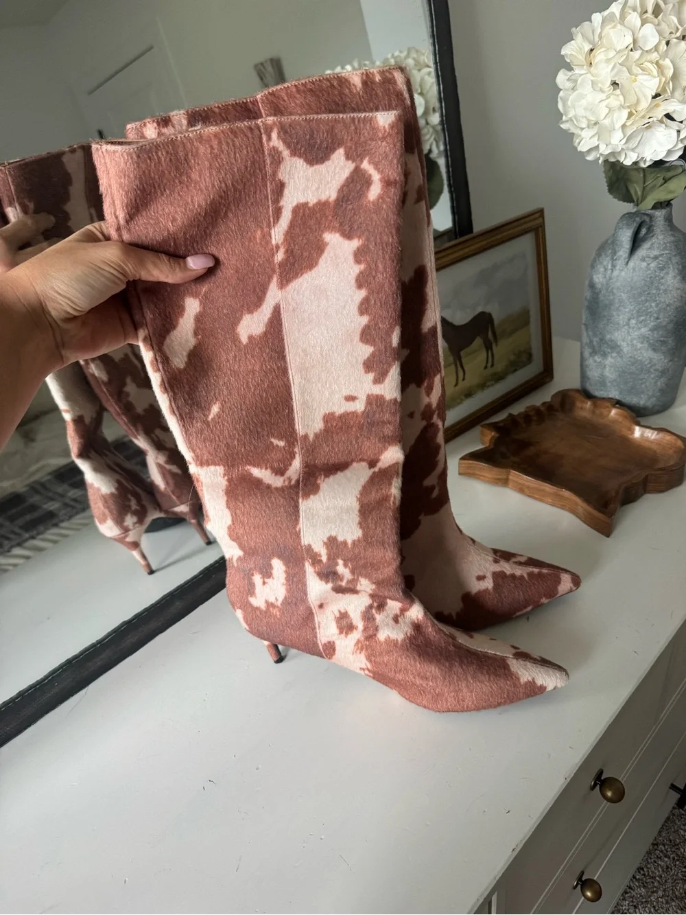 Women's Cowhide Print Knee-High Kitten Heel Boots